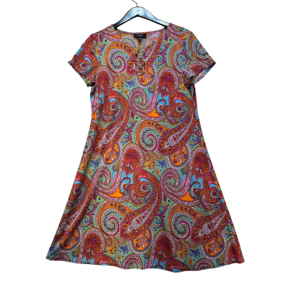 MSK Womens Paisley Short Sleeve Dress With Gold Rings & V-Neckline